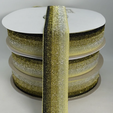 Стрічка оксамитова парча люрекс 3.8 см (25 ярдів/22,75 м.), 33 жовтий + чорний +золото + срібло