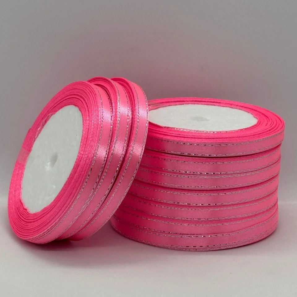 Лента атласная с люрекс 0,6 см+серебро (10*25 ярдов), 05 розовый