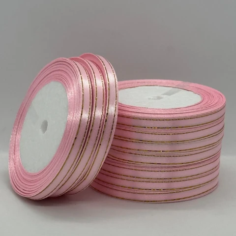 Стрічка атласна з люрекс 0,6 см+золото (10*25 ярдів), 04 світло рожевий