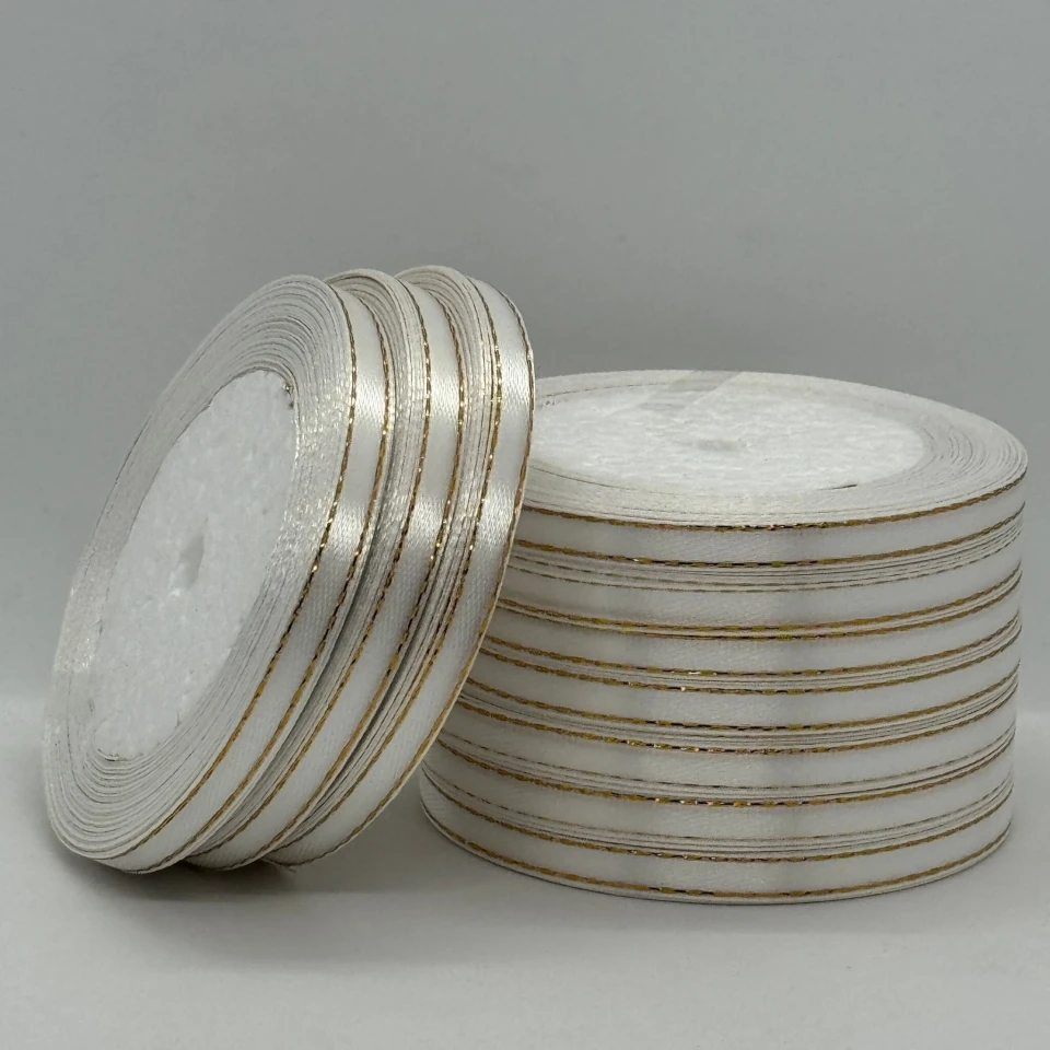 Стрічка атласна з люрекс 0,6 см+золото (10*25 ярдів), а