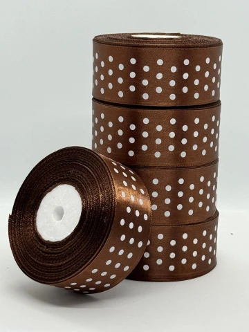 Стрічка атласна в горох 4 см (5*36 ярдів), 32 коричневий + білий