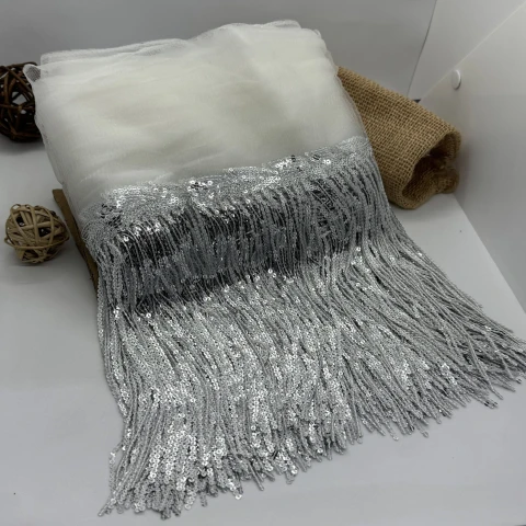 Бахрома танцювальна з паєткою 20 см (10 ярдів/9,14 м.), 2 срібло