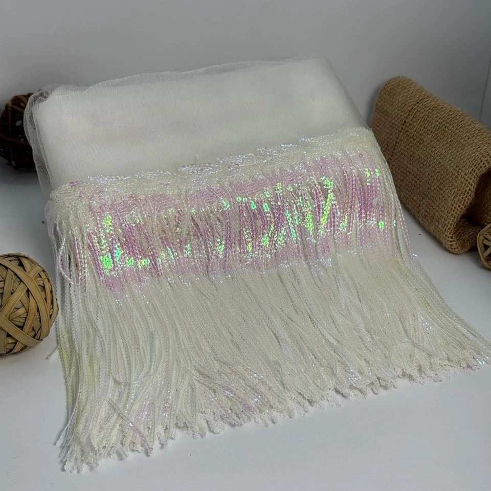 Бахрома танцювальна з паєткою 20 см (10 ярдів/9,14 м.), 32 білий перламутр