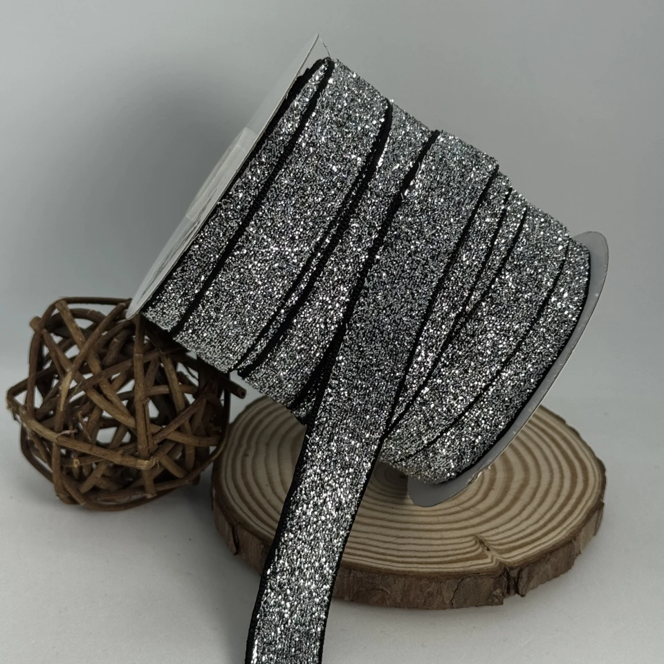 Стрічка оксамитова парча люрекс 2 см (25 ярдів/22,75 м.), 17 срібло + чорний