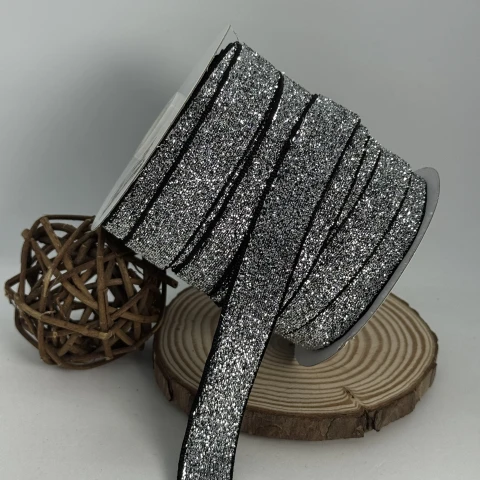 Стрічка оксамитова парча люрекс 2 см (25 ярдів/22,75 м.), 17 срібло + чорний