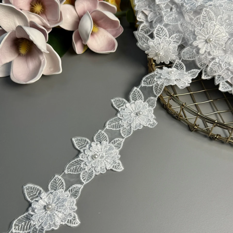 Мереживо поліестер 3D МD61 6,5 см.(10 ярдів/9.1 м.), білий