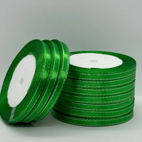 Стрічка атласна з люрекс 0,6 см+срібло (10*25 ярдів), 19 зелений