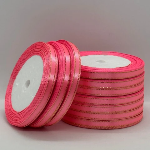 Стрічка атласна з люрекс 0,6 см+золото (10*25 ярдів), 05 рожевий