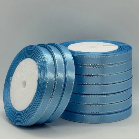 Стрічка атласна з люрекс 1 см+срібло (10*25 ярдів), 187 блакитний