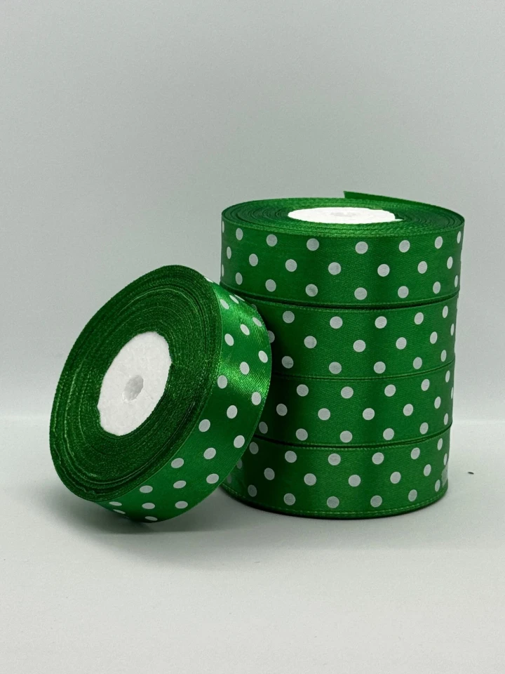 Стрічка атласна в горох 2.5 см (5*36 ярдів), 19 зелений + білий