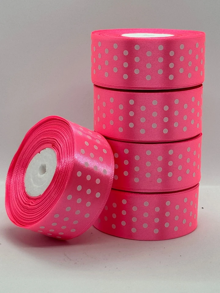 Стрічка атласна в горох 4 см (5*36 ярдів), 05 рожевий + білий