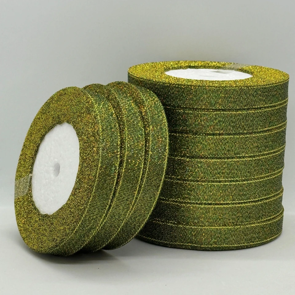 Тасьма парчева 1,2 см (10*25 ярдів/22,75 м.), 77 темний зелений + золото