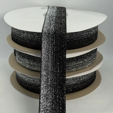 Стрічка оксамитова парча люрекс 3.8 см (25 ярдів/22,75 м.), 45 чорний + срібло