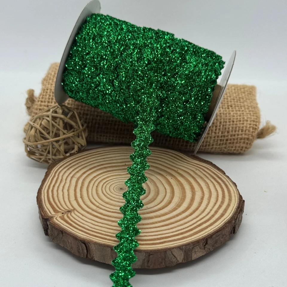 Стрічка вюнчик оксамитовий парча люрекс 1 см (25 ярдів/22,75 м.), 06 зелений