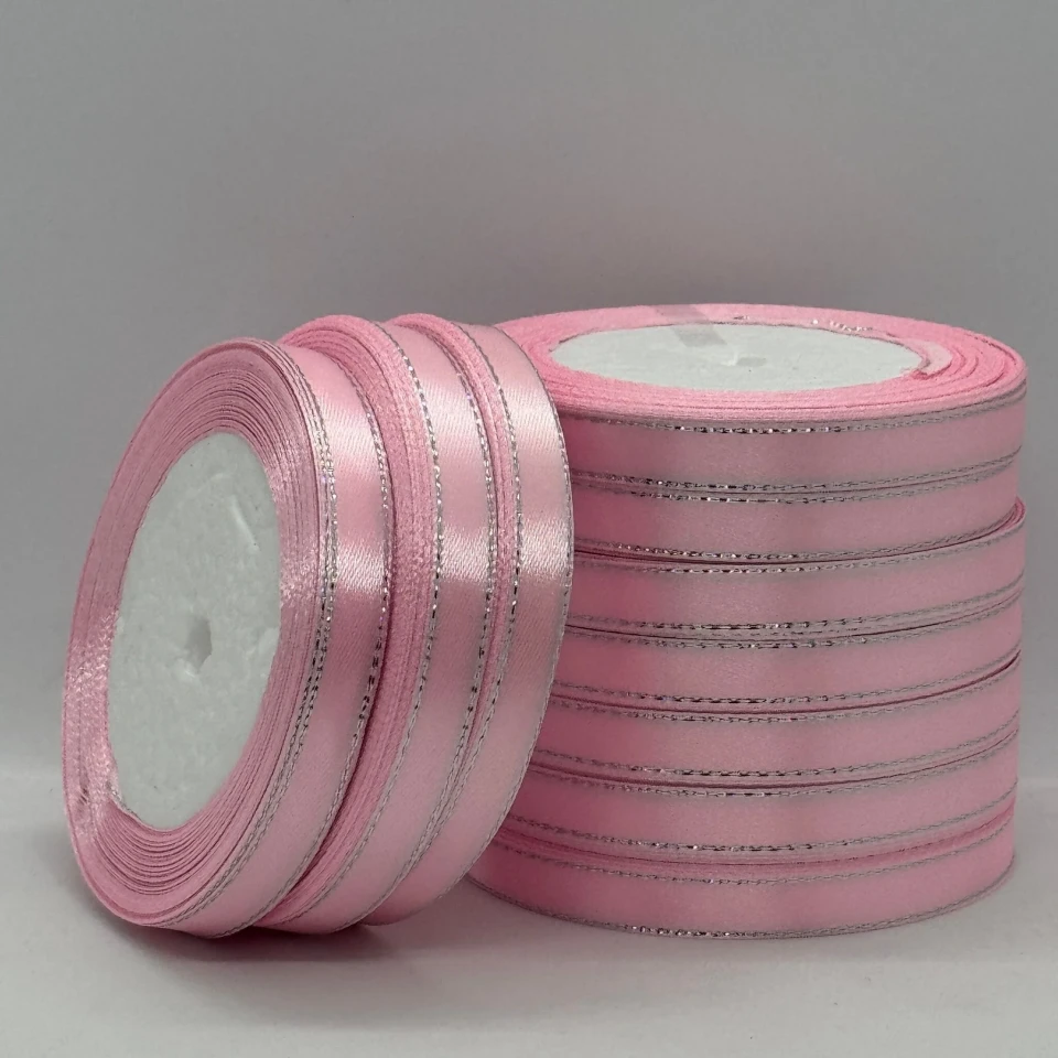 Стрічка атласна з люрекс 1 см+срібло (10*25 ярдів), 04 світло рожевий