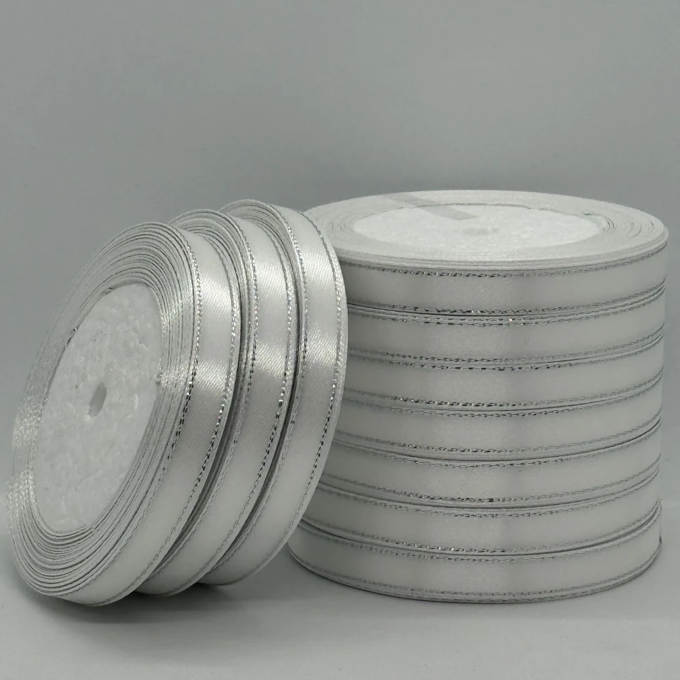 Стрічка атласна з люрекс 1 см+срібло (10*25 ярдів), айворі (білий)