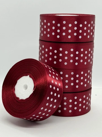 Стрічка атласна в горох 4 см (5*36 ярдів), 48 бордовий + білий