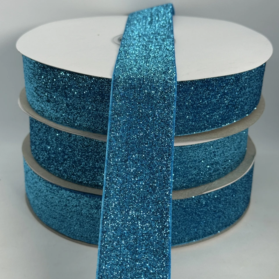 Стрічка оксамитова парча люрекс 3.8 см (25 ярдів/22,75 м.), 13 бірюза