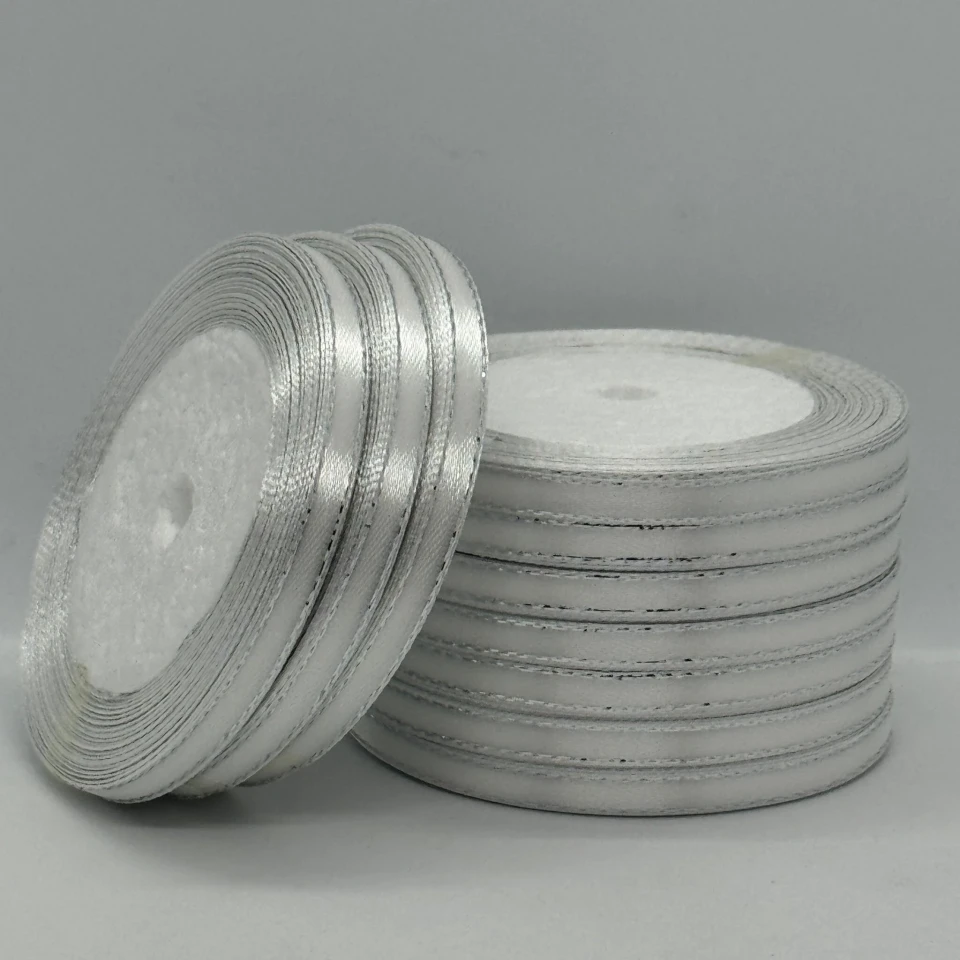 Стрічка атласна з люрекс 0,6 см+срібло (10*25 ярдів), айворі (білий)