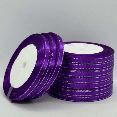 Стрічка атласна з люрекс 0,6 см+срібло (10*25 ярдів), 35 фіолетовий