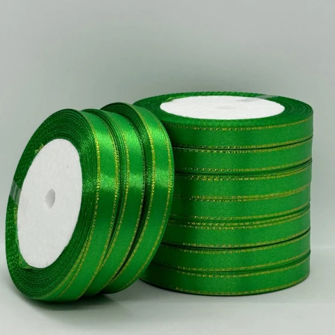 Стрічка атласна з люрекс 1 см+золото (10*25 ярдів), 19 зелений