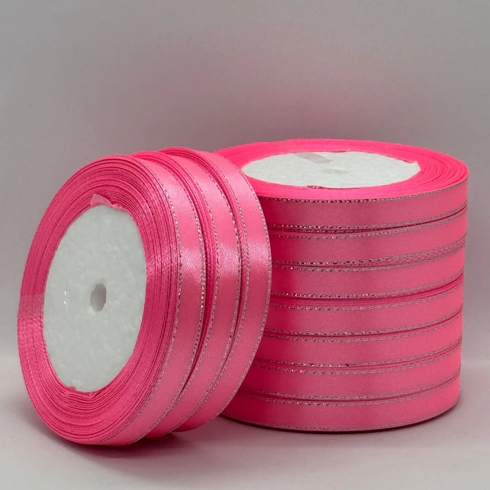 Стрічка атласна з люрекс 1 см+срібло (10*25 ярдів), 05 рожевий