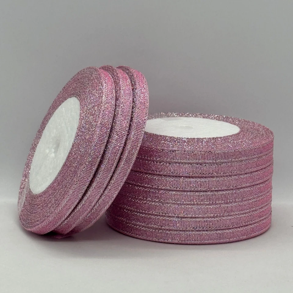Тасьма парчева 0,6 см (10*25 ярдів/22,75 м.), 4 світло рожевий + срібло