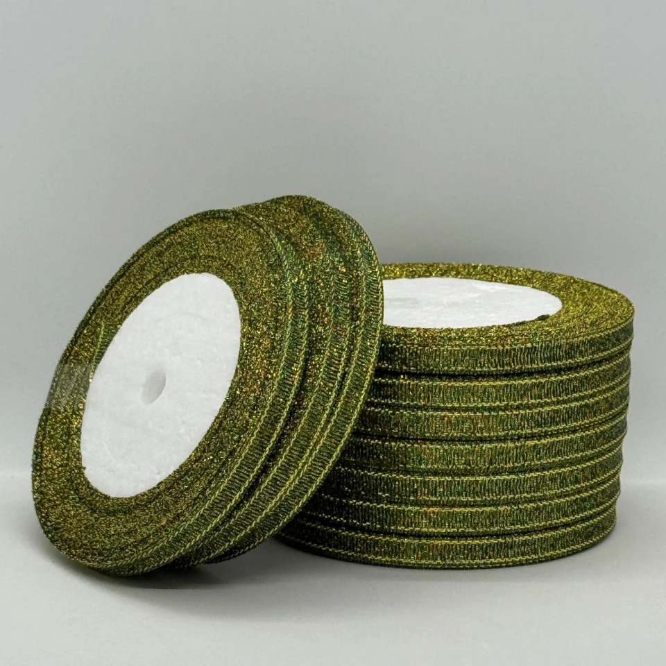 Тасьма парчева 0,6 см (10*25 ярдів/22,75 м.), 77 темний зелений + золото