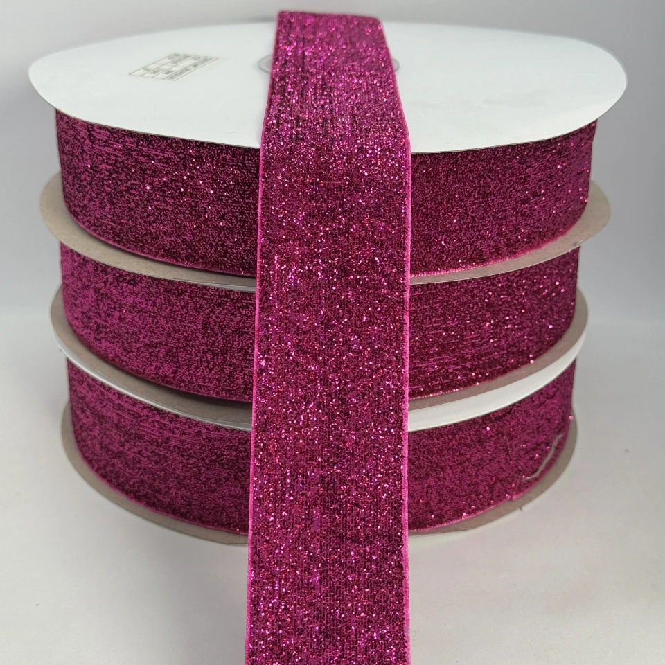 Стрічка оксамитова парча люрекс 3.8 см (25 ярдів/22,75 м.), 23 малиновий