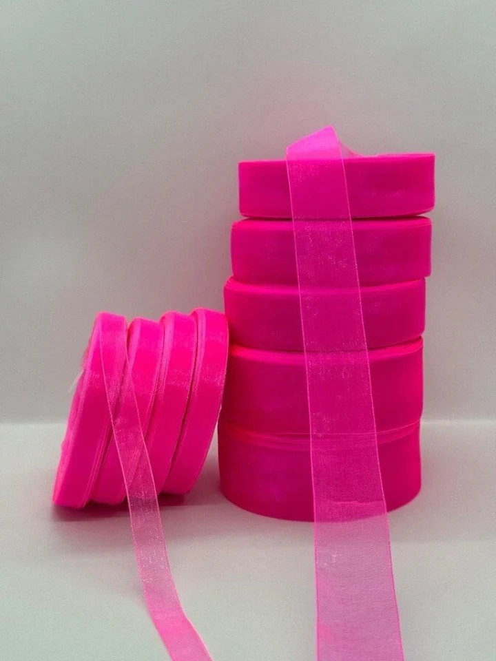 Стрічка органза 1,25 см (10*50 ярдів/45 м.), 1027 неон рожевий