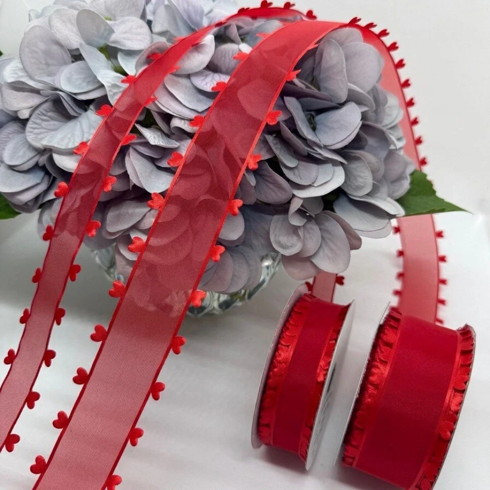 Стрічка декоративна з сердечками 2.5 см (5*20 ярдів/18,28 м.), червоний