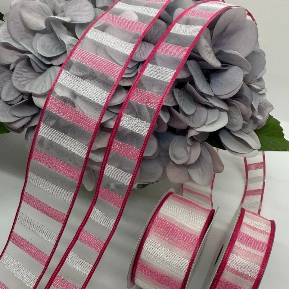 Стрічка декоративна органзова 4 см (5*20 ярдів/18,28 м.), №7 малиновий+срібло